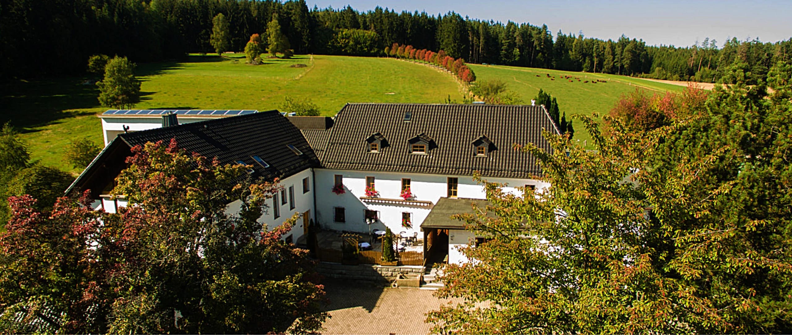 Außenansicht des weißen Landhotels mit Satteldach vor grünen Hügeln und Wald
