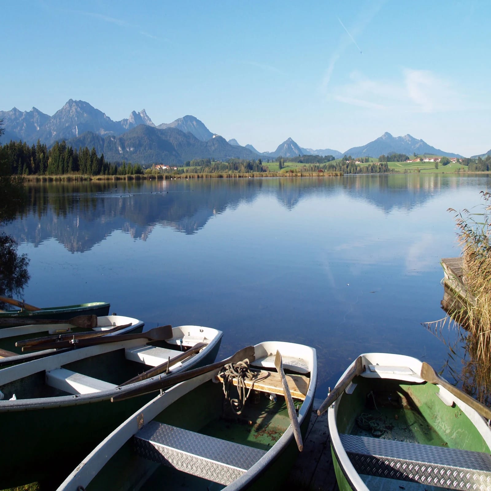 Ruderboote am Ufer des Hopfensees mit Bergpanorama und Spiegelung im Wasser