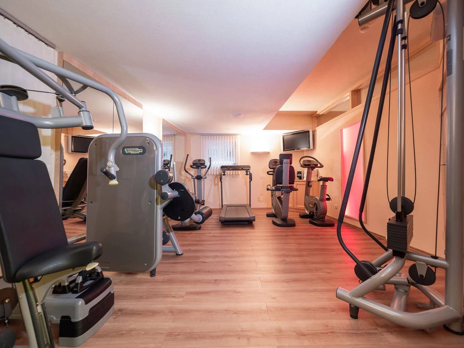 Fitnessraum mit Kraftgeräten, Laufband, Crosstrainer und Ergometern auf Holzboden