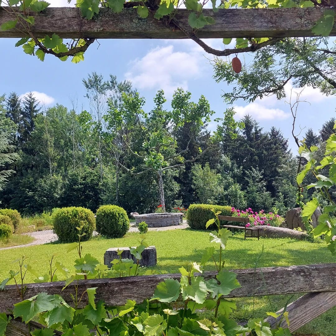 Blick durch eine hölzerne Pergola auf den Garten mit Rasen, Buchskugeln, Steinbrunnen und Sitzbank