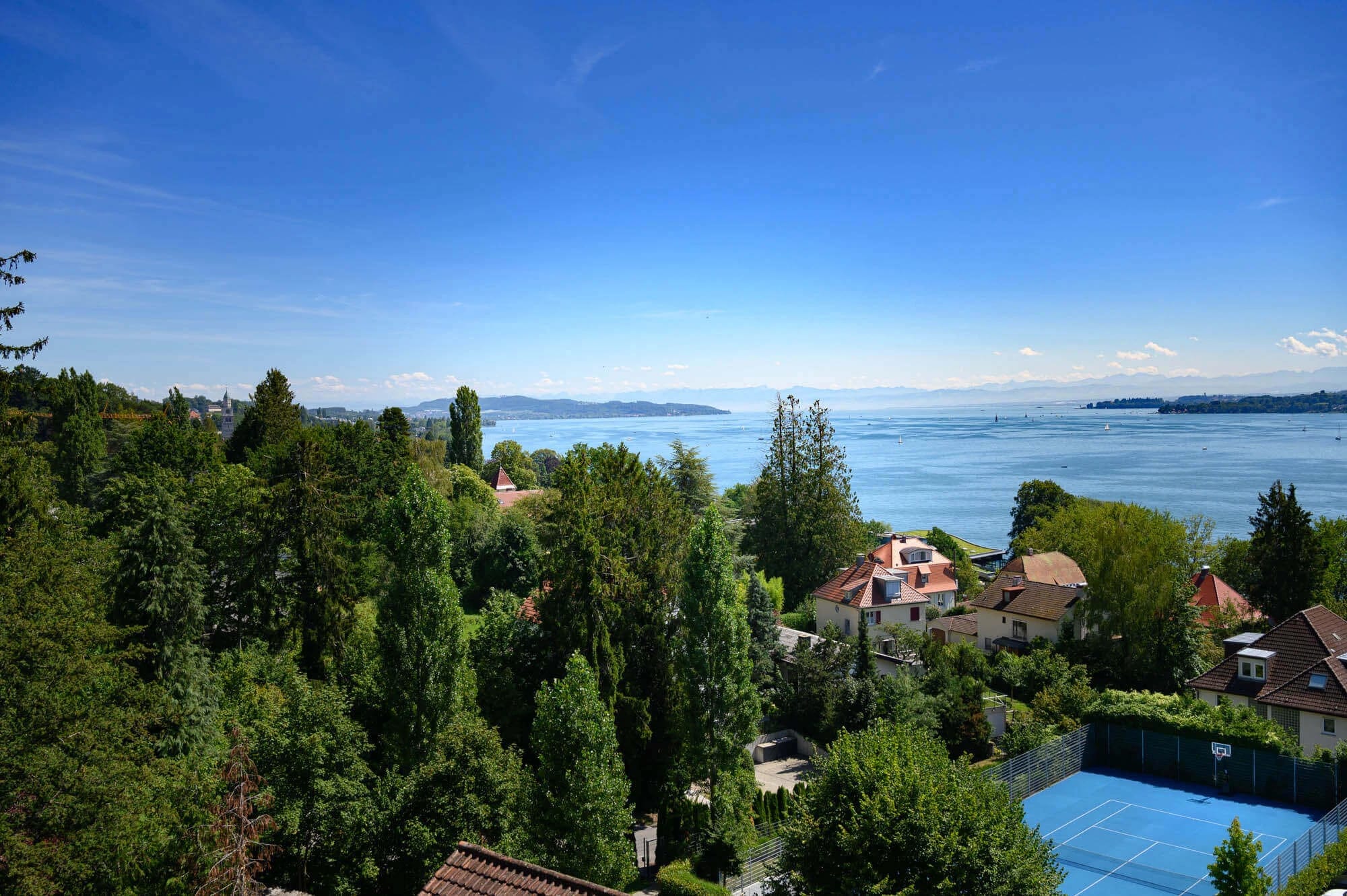 Blick über Baumwipfel und Hausdächer auf den weiten Bodensee bei blauem Himmel