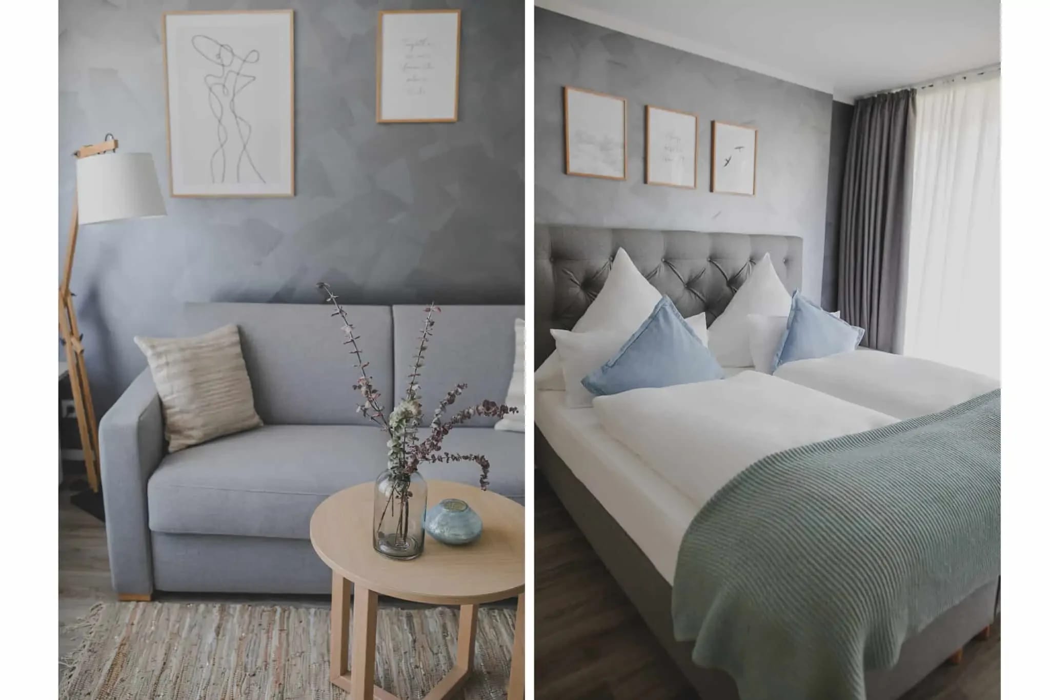 Suite mit grauem Sofa, Sitzecke und Doppelbett