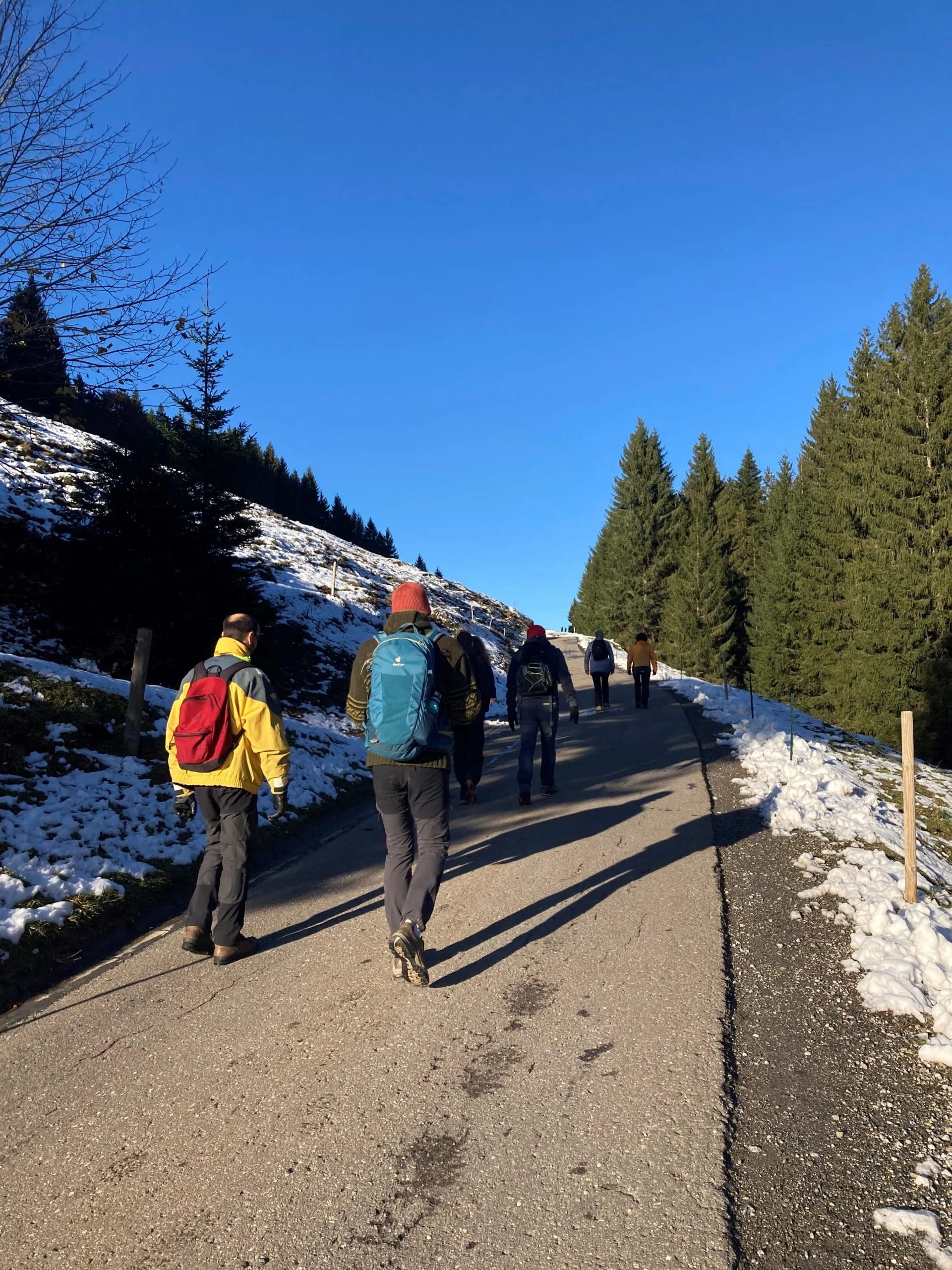 Fastenwandergruppe auf einer verschneiten Straße im winterlichen Allgäu