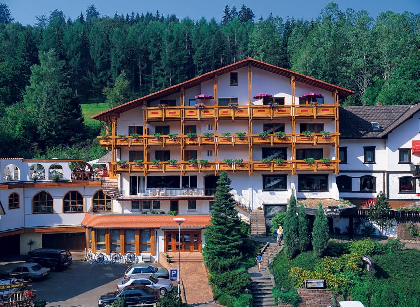Mehrstöckiges Hotelgebäude mit Holzbalkonen und Blumenkästen, davor der Vorplatz, dahinter bewaldeter Hang