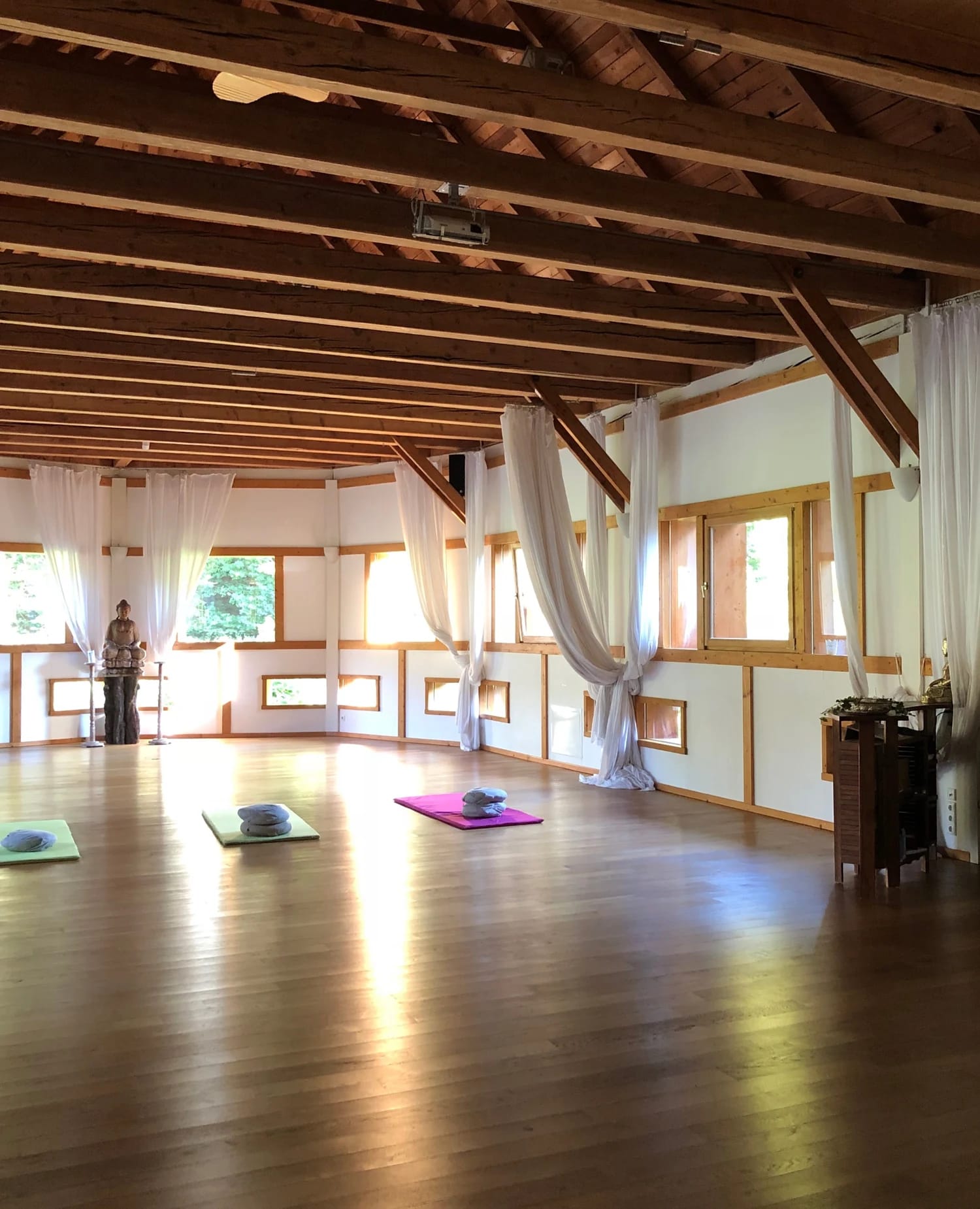 Seminar- und Yogasaal mit Holzboden, hellen Vorhängen und Meditationsmatten