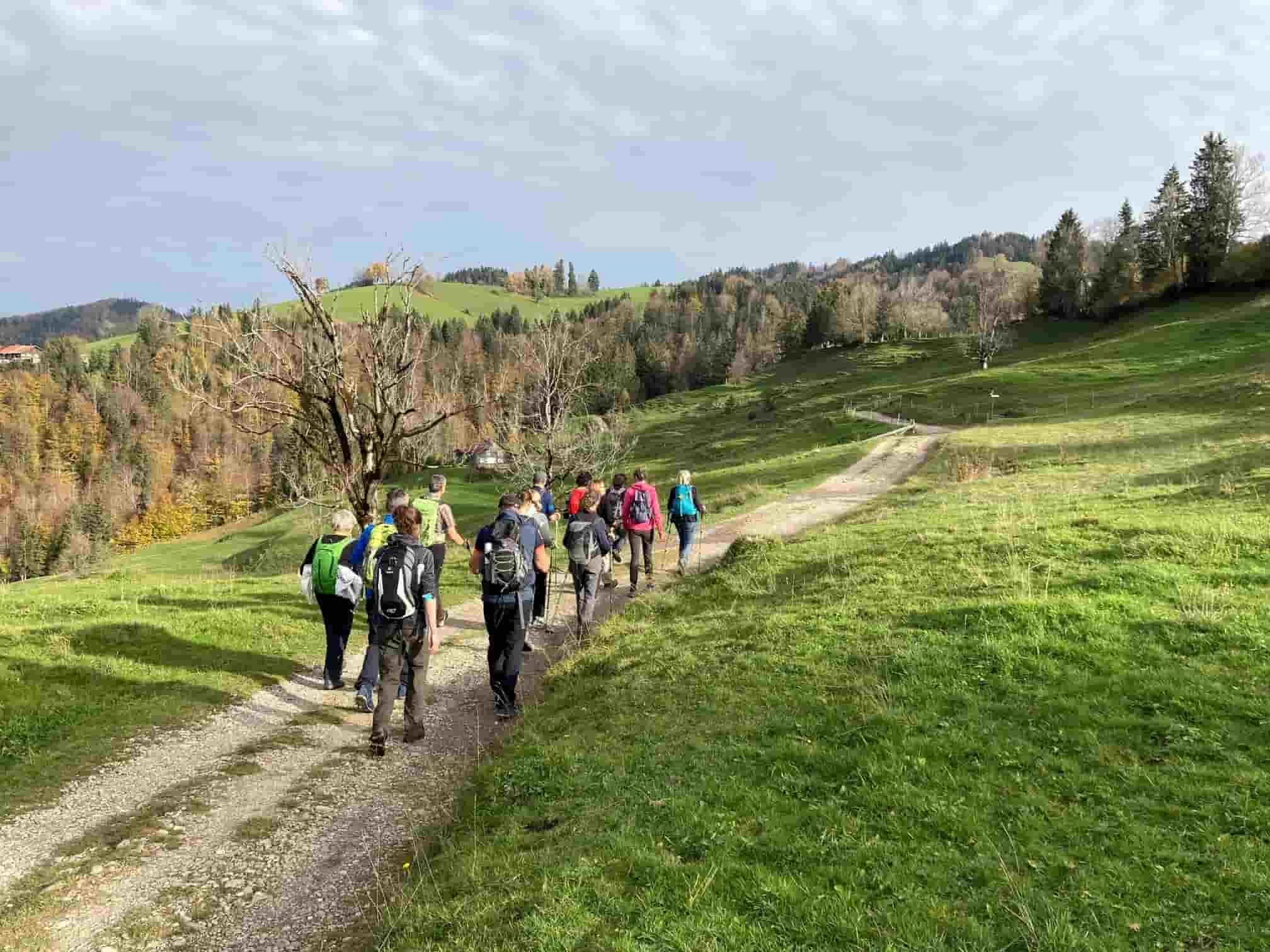 Fastenwandergruppe auf einem Wiesenweg in herbstlicher Hügellandschaft