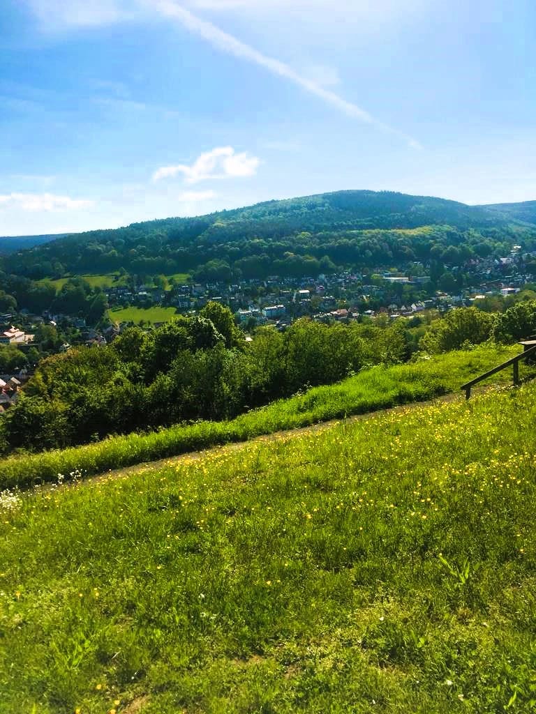 Panoramablick vom Molkenberg auf Bad Orb mit grüner Hügellandschaft und blauem Himmel