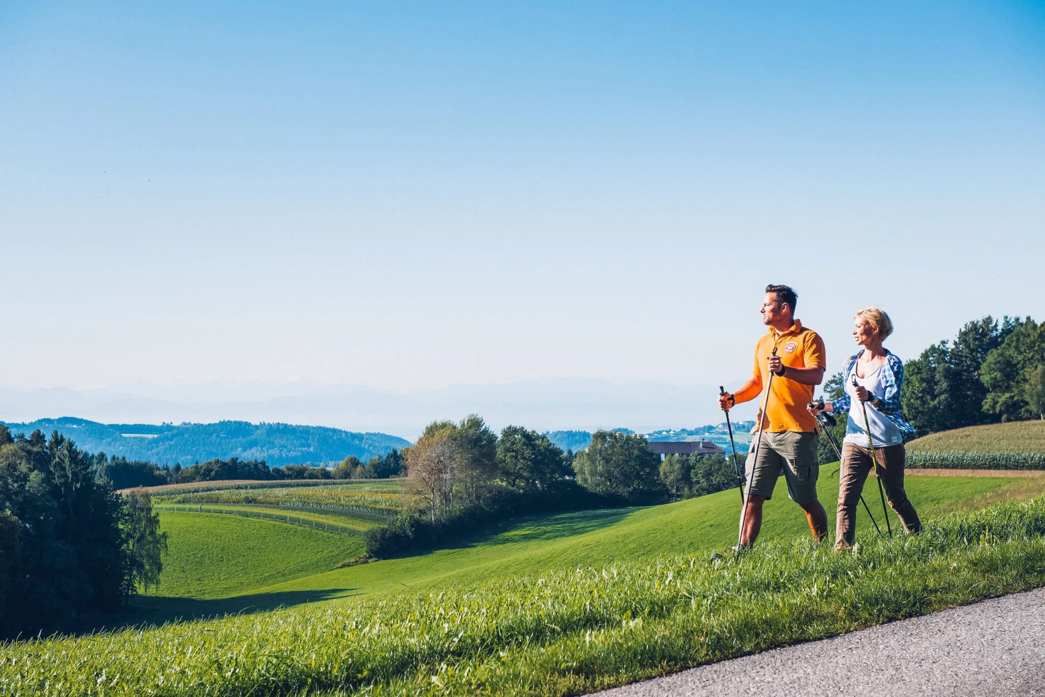 Zwei Wanderer mit Stöcken auf einem Weg durch grüne Hügellandschaft bei Sonnenschein