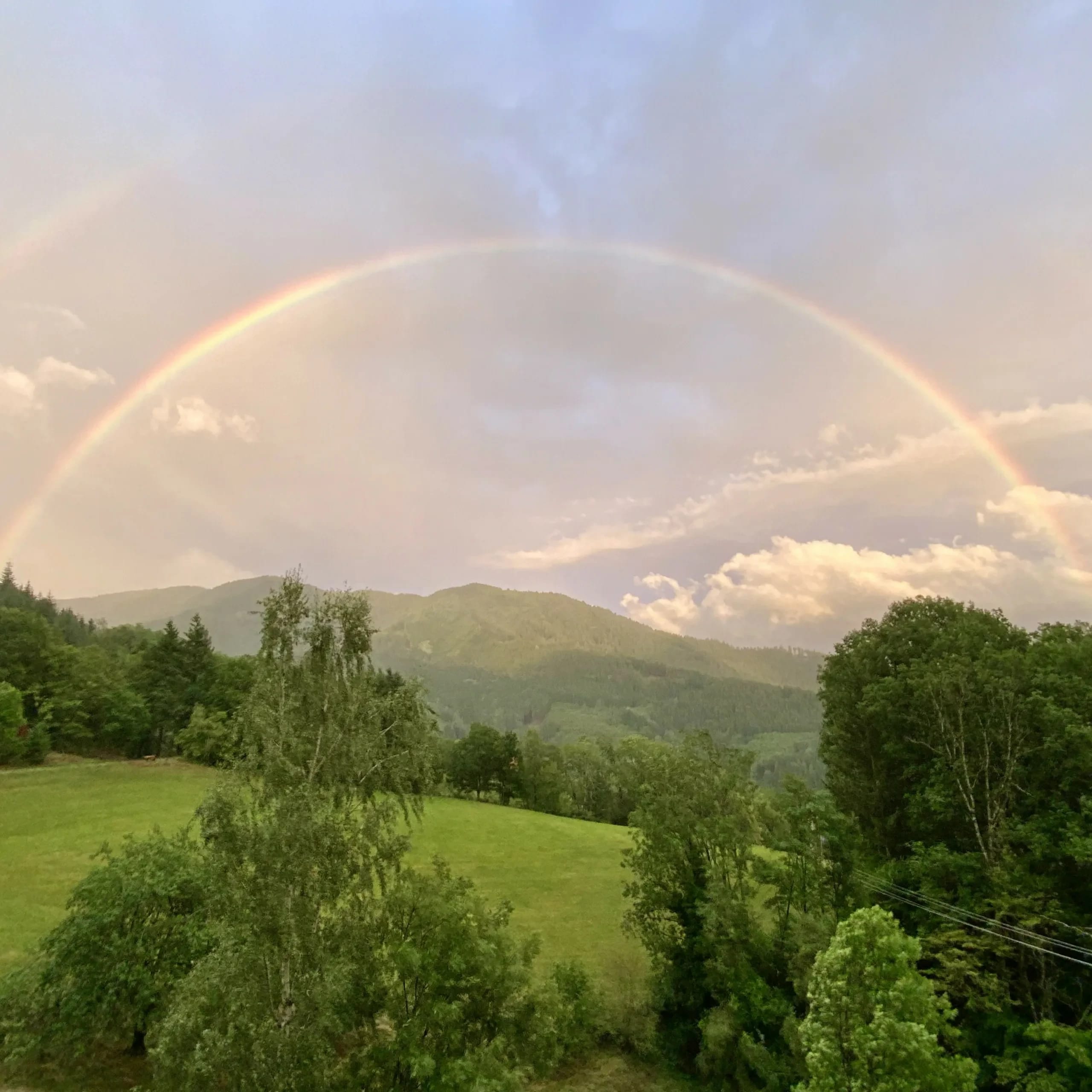 Regenbogen über dem Tal, im Vordergrund eine Wiese mit Bäumen und bewaldete Berge