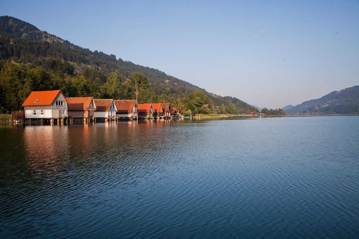 Bootshäuser am bewaldeten Ufer des Alpsees