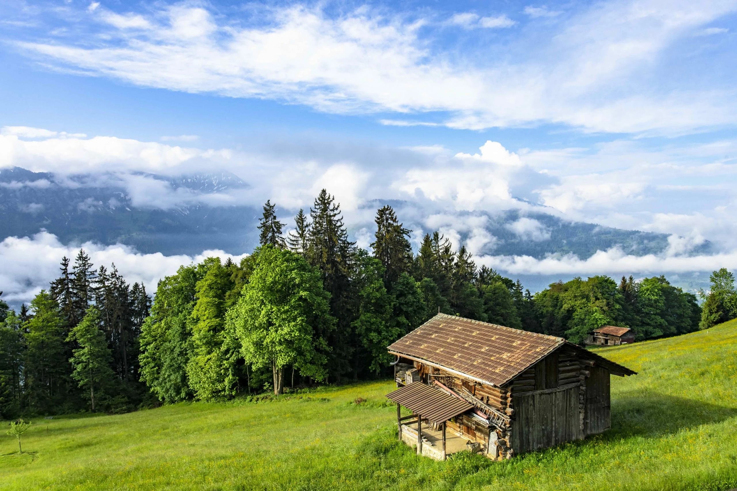 Alte Holzhütte auf einer Bergwiese vor bewaldeten Hügeln und Wolken