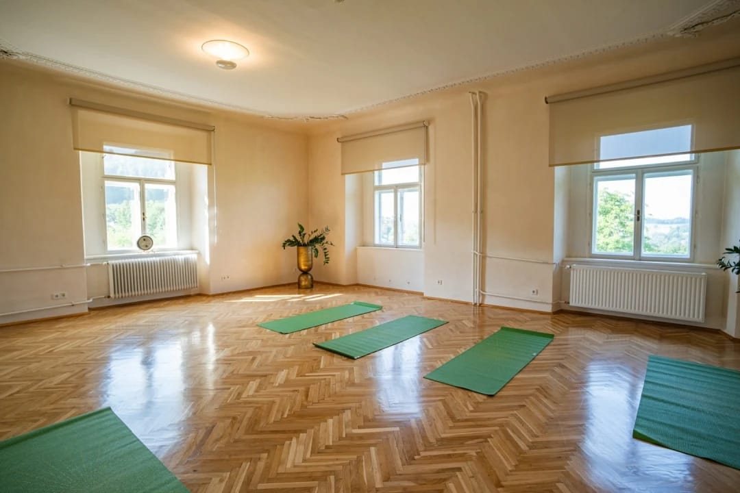 Heller Gymnastikraum mit Fischgrätparkett, drei Fenstern und ausgelegten grünen Yogamatten