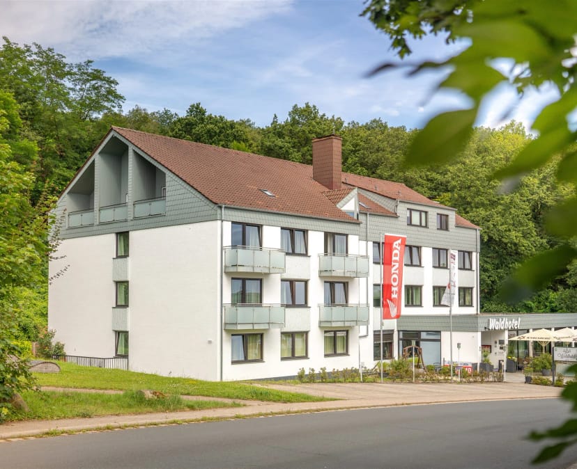 Außenansicht des weißen Waldhotels Eisenberg, von Bäumen umrahmt
