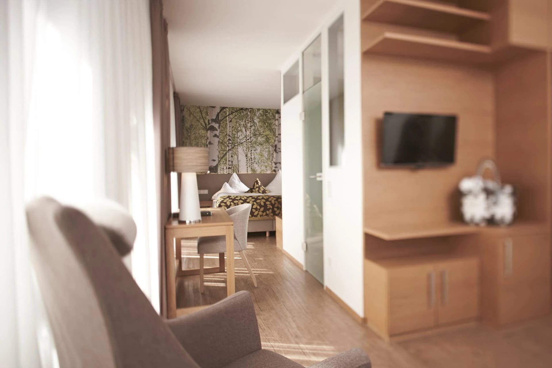 Hotelzimmer mit Sessel, Schreibtisch und Birkenwald-Fototapete