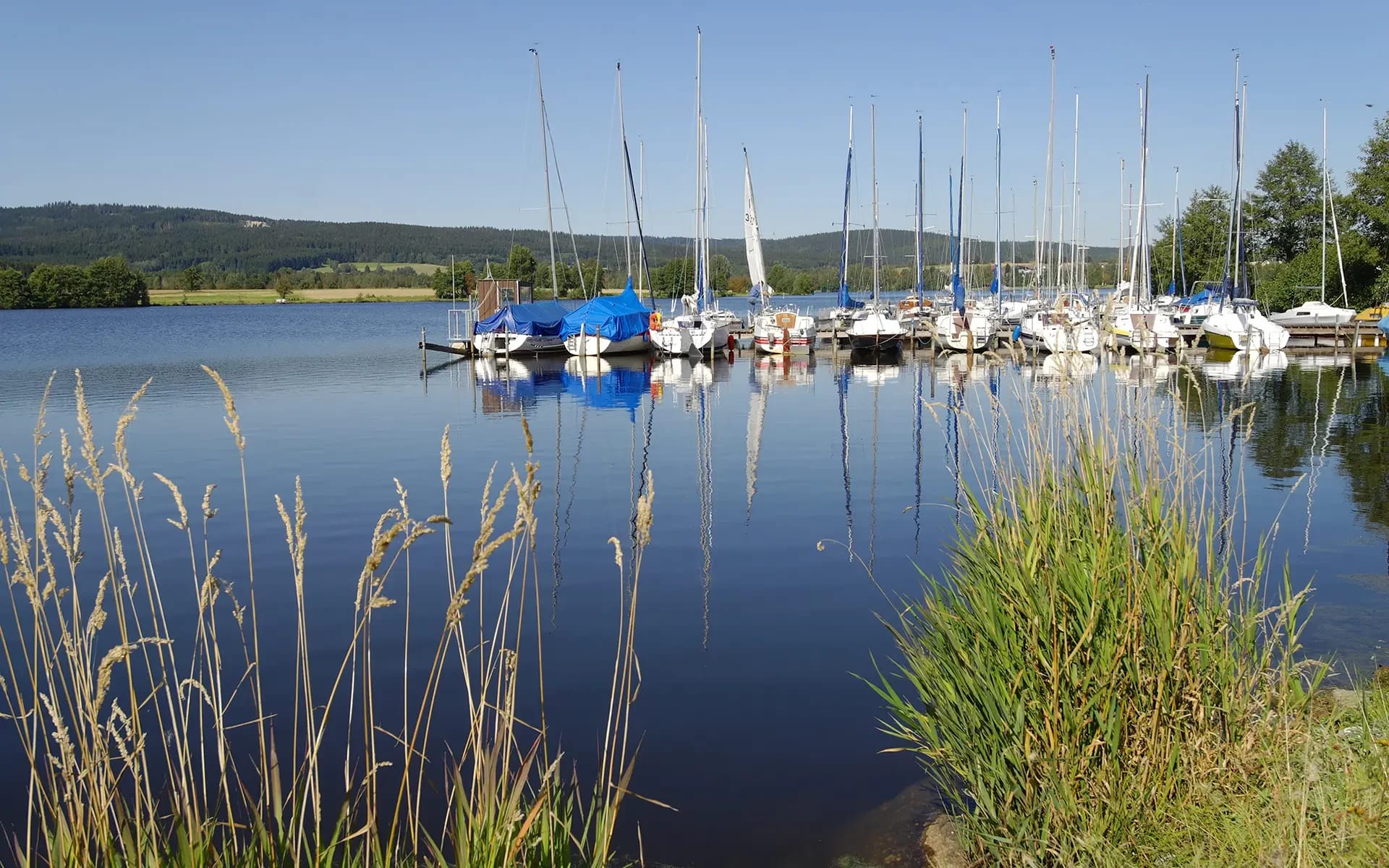 Weißenstädter See mit Segelbooten am Steg und bewaldeten Hügeln im Hintergrund