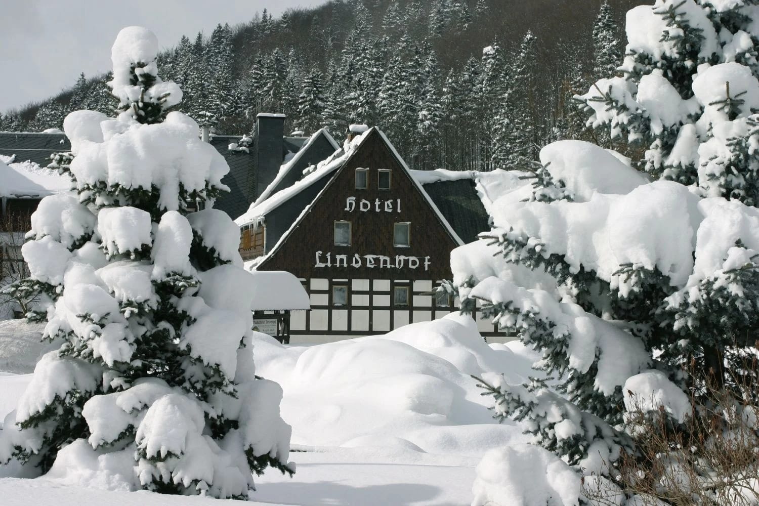 Verschneites Hotelgebäude mit Fachwerkgiebel zwischen schneebedeckten Fichten