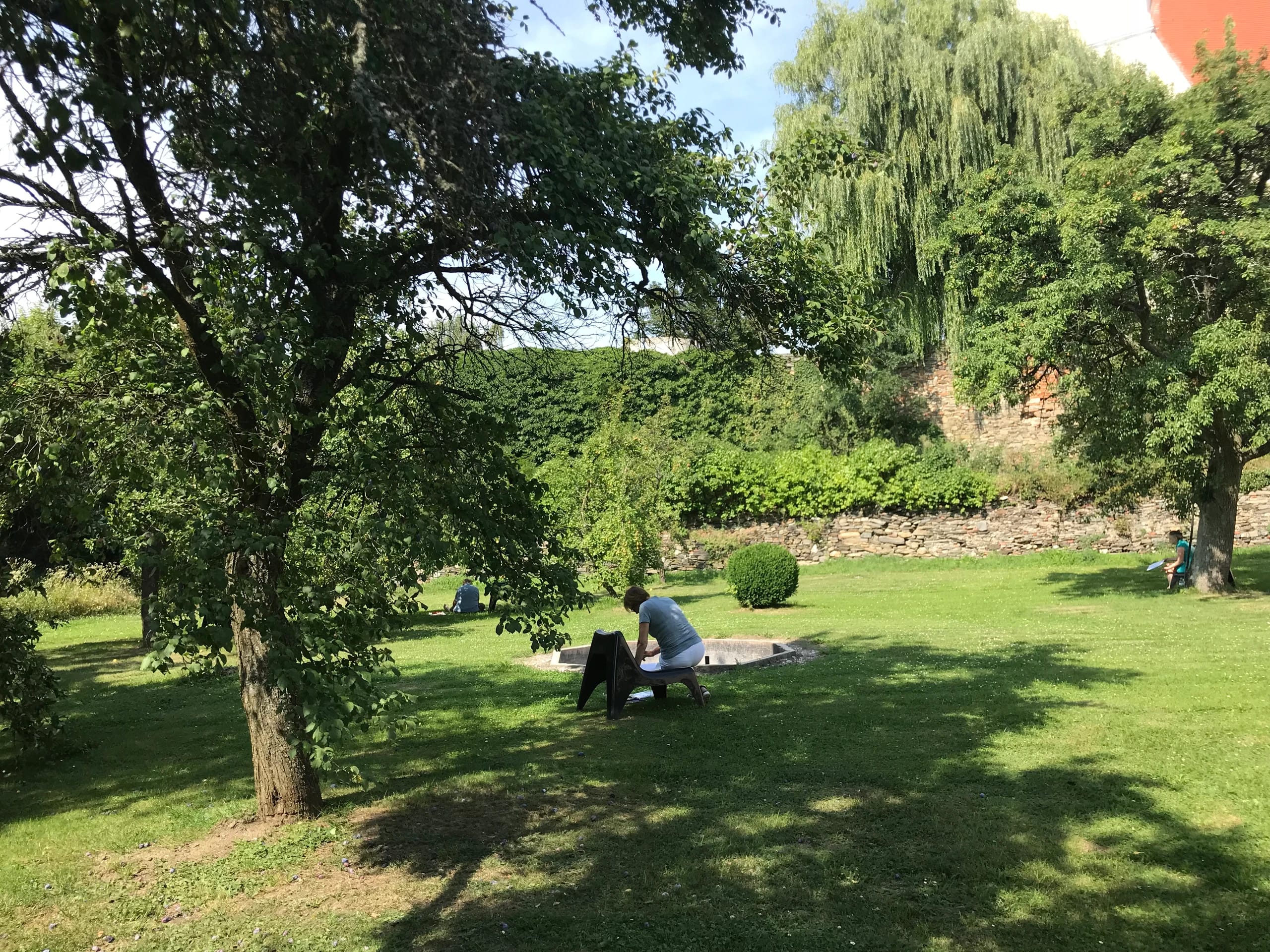 Weitläufiger Garten mit altem Baumbestand im Sommer