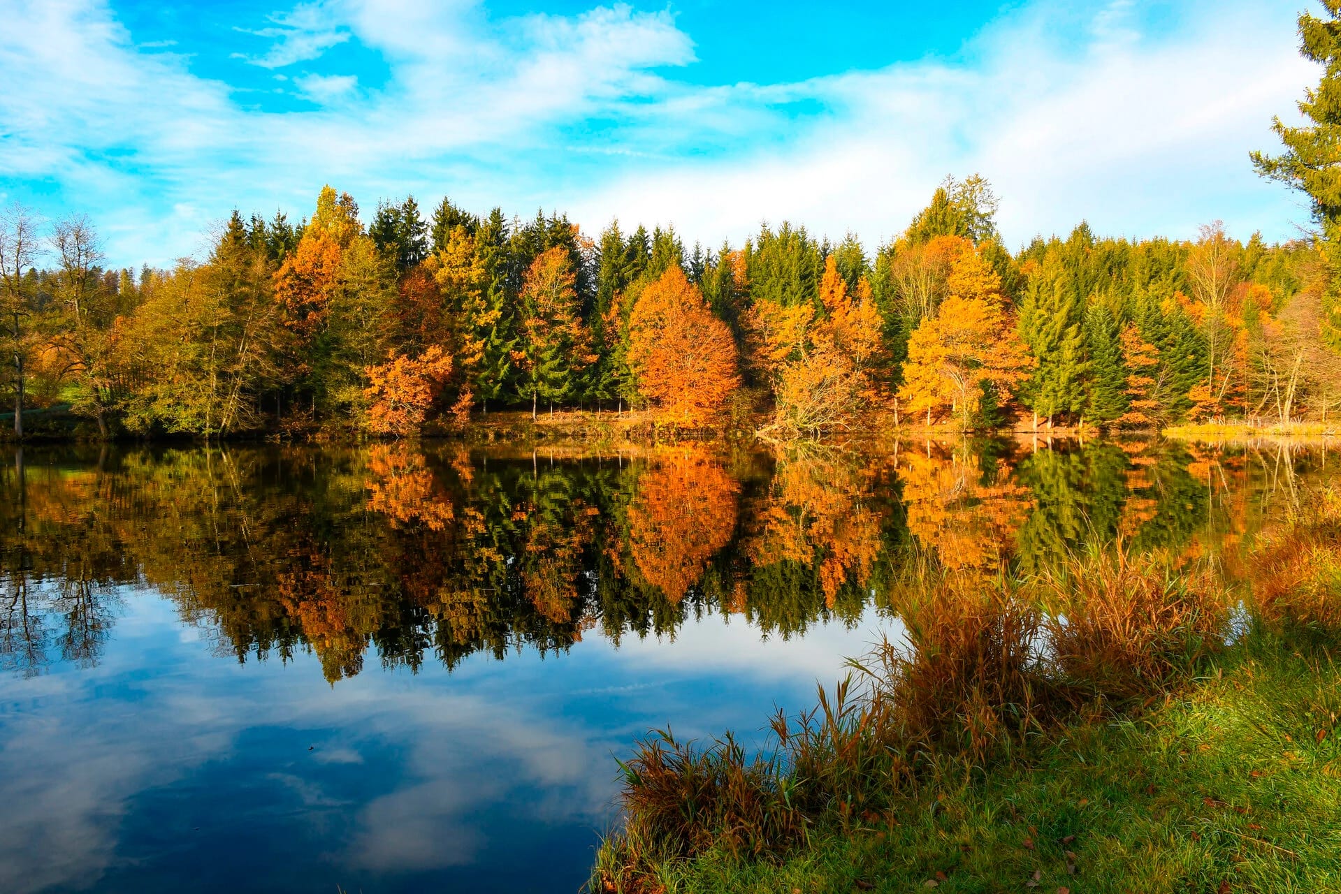 See im Herbst mit bunt gefärbten Bäumen, die sich im Wasser spiegeln