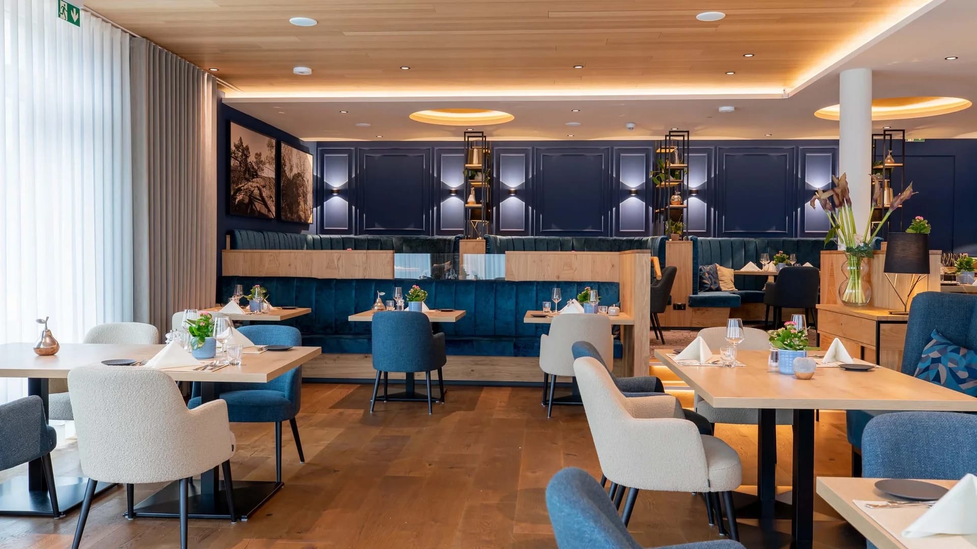 Modernes Restaurant mit blau-weißen Stühlen und Holzboden