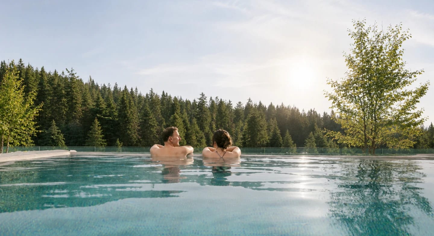 Infinity-Skypool mit Blick über die Tannenwälder im Gegenlicht