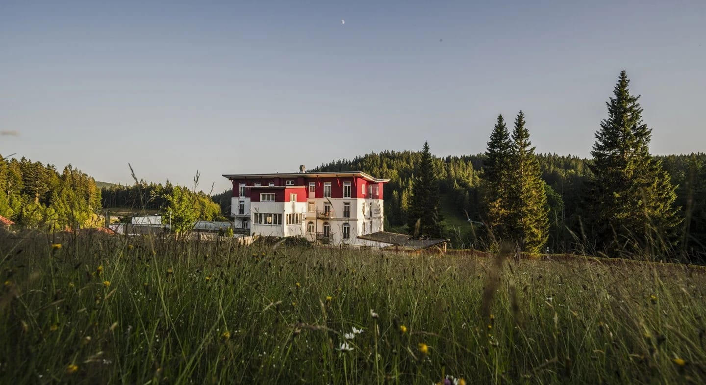 Das Hotelgebäude mit weiß-roter Fassade auf einer Wiese vor bewaldeten Hängen im Abendlicht