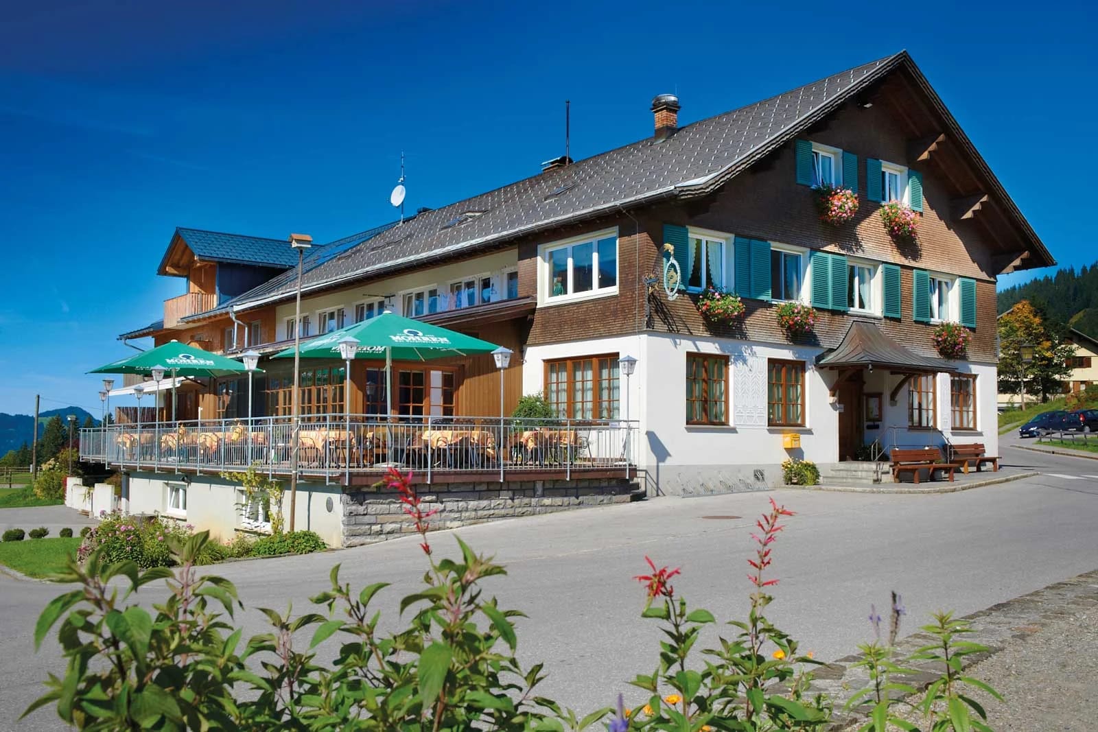 Sonnige Außenansicht des Hauses Der Hirschen mit Terrasse, grünen Sonnenschirmen und Blumen im Vordergrund vor blauem Himmel