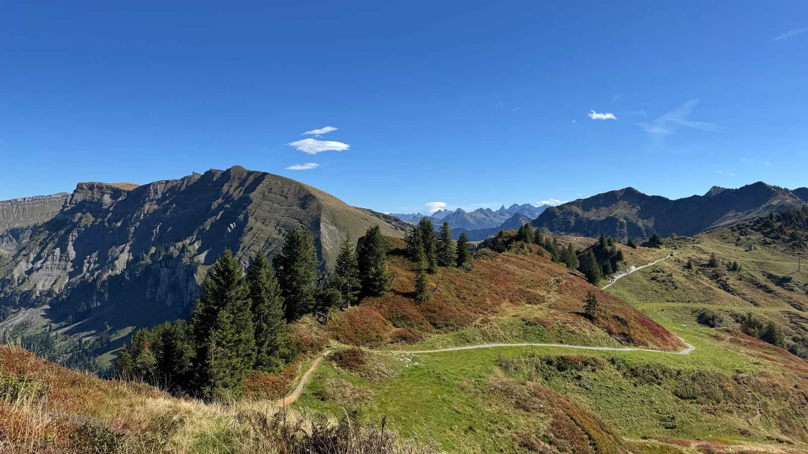Alpiner Höhenweg über grünen Bergrücken mit Gipfelpanorama unter blauem Himmel