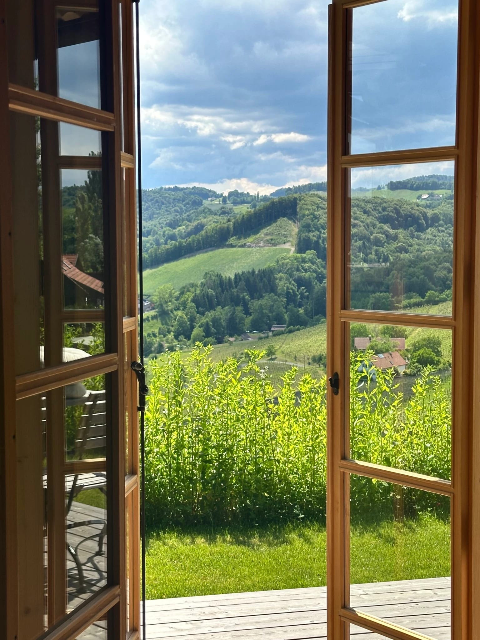 Offene Zimmertür mit Blick auf Weinberge und grüne Hügel