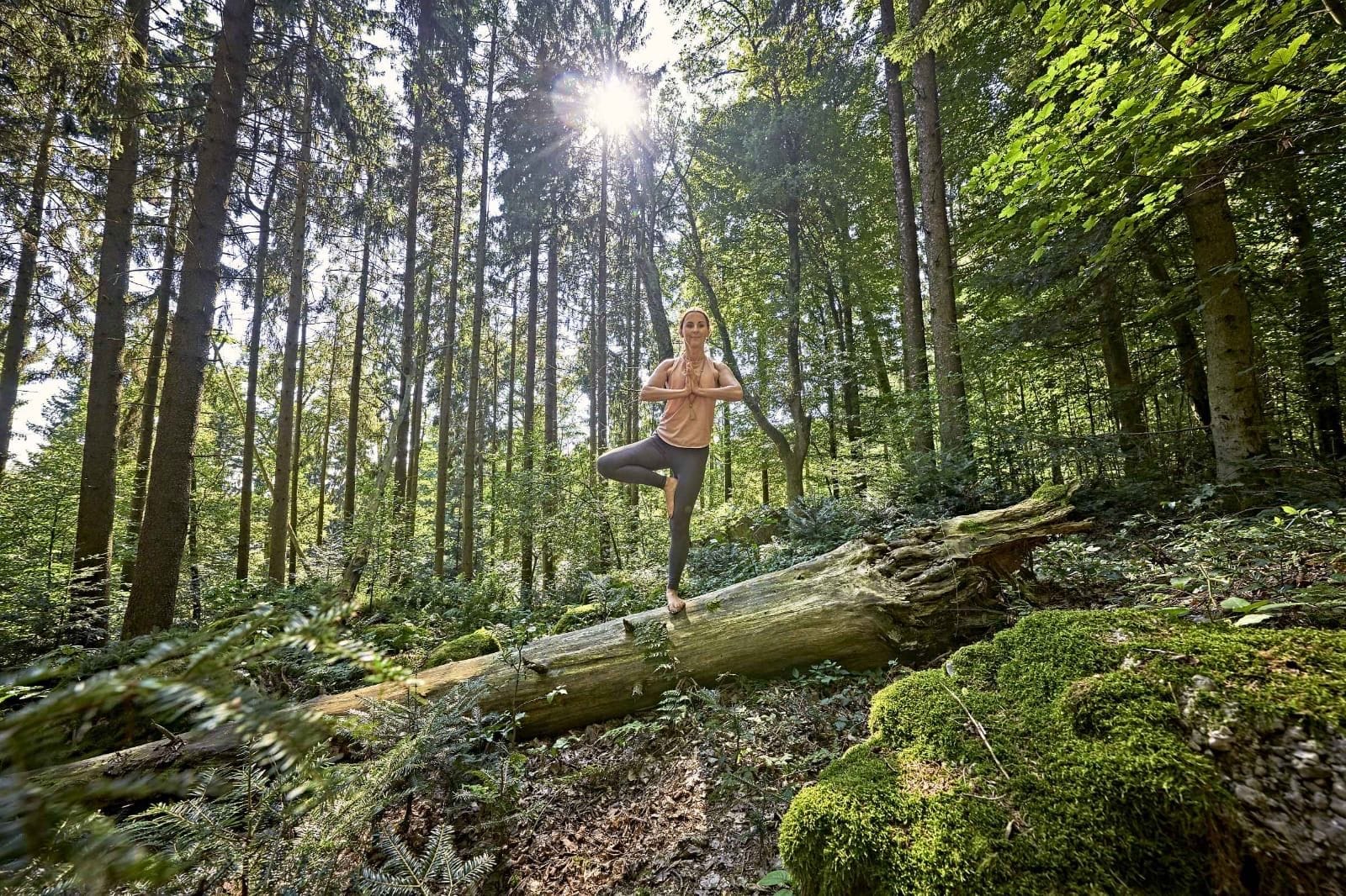 Frau beim Yoga auf einem Baumstamm im sonnendurchfluteten Wald