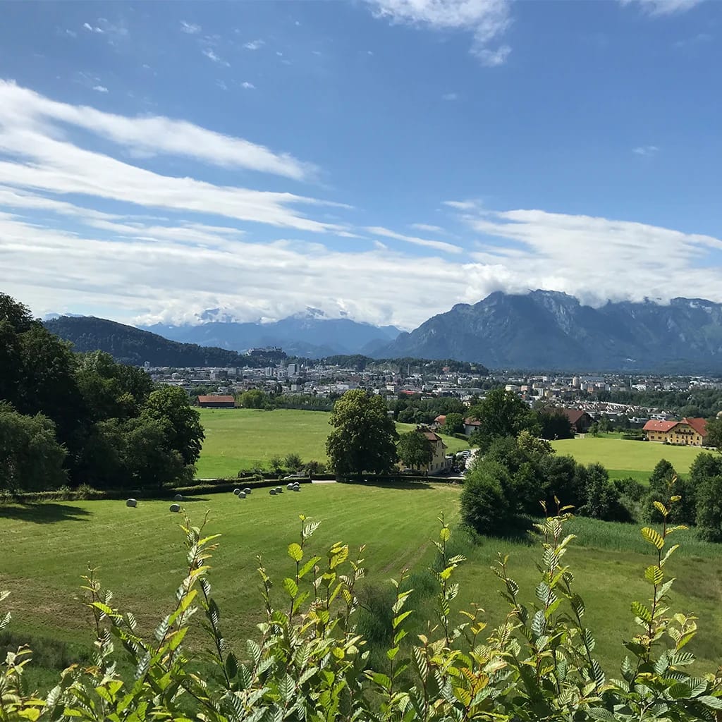 Blick über grüne Wiesen auf die Salzburger Bergkette unter blauem Himmel