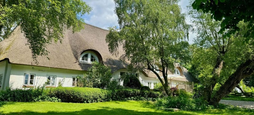 Reetgedecktes Haupthaus mit Rasenfläche, Hecken und alten Bäumen im Sommer