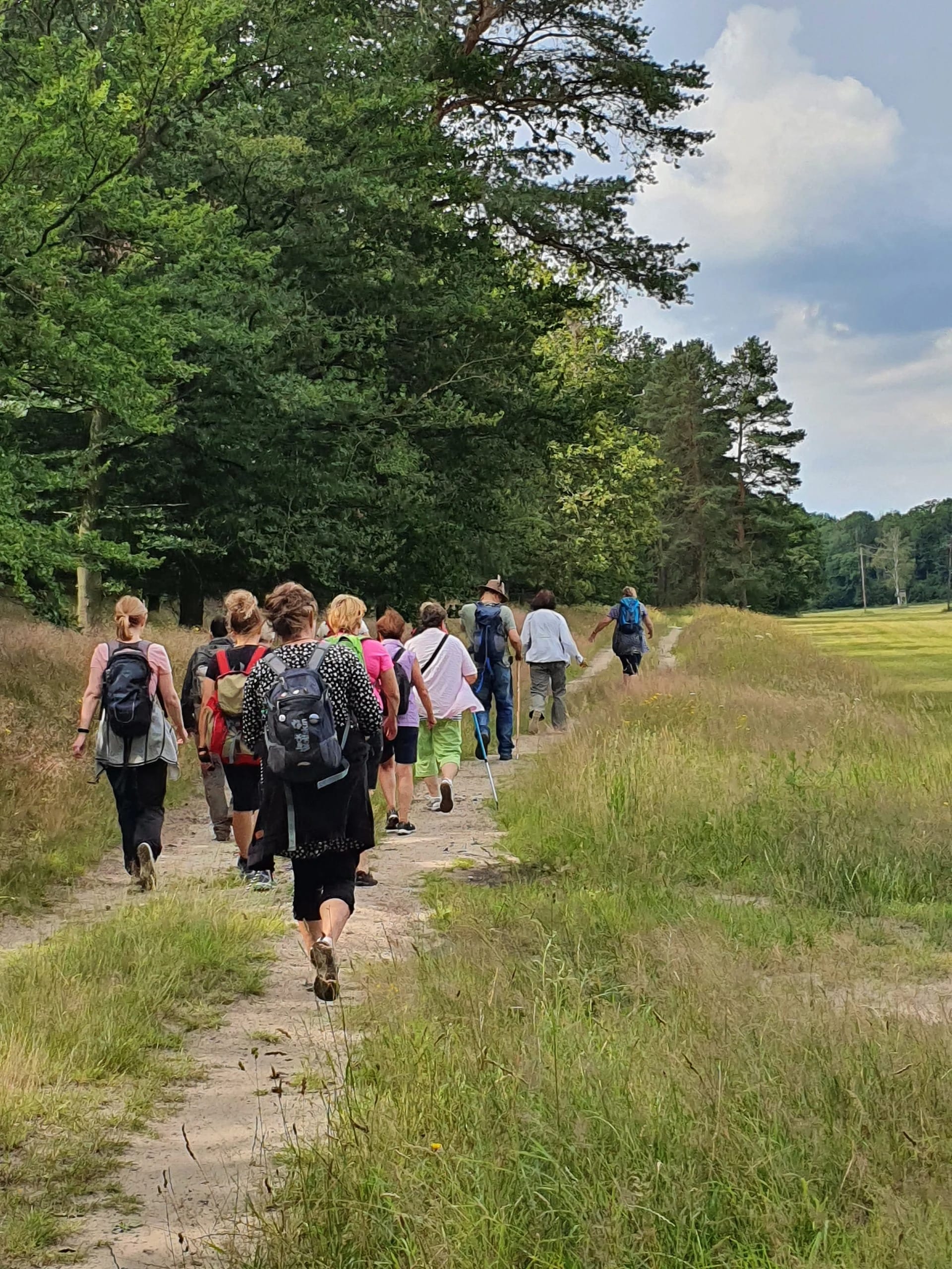 Fastenwandergruppe auf einem Feldweg am Waldrand