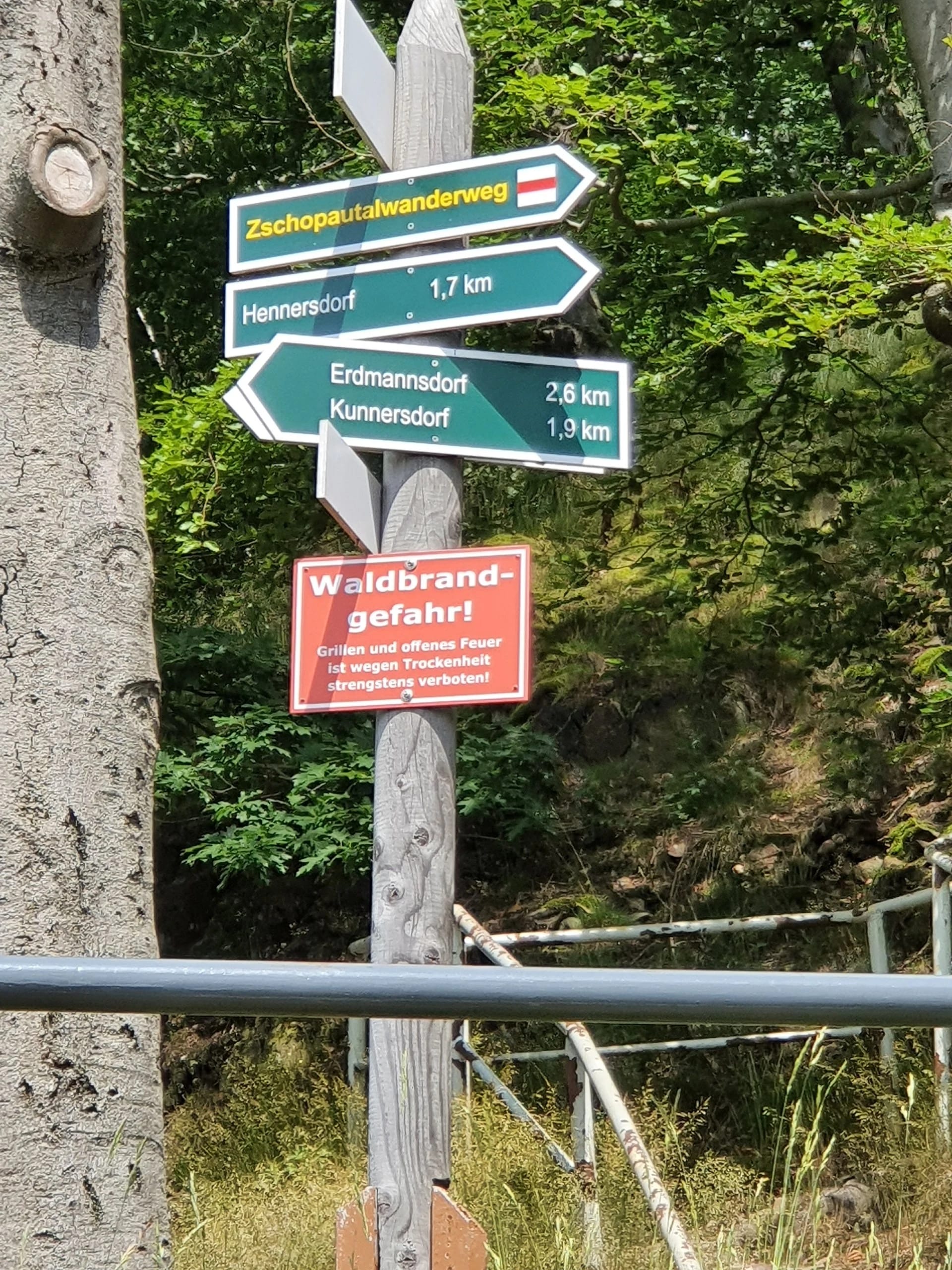 Wanderwegweiser mit Richtungsangaben nach Hennersdorf, Erdmannsdorf und Kunnersdorf