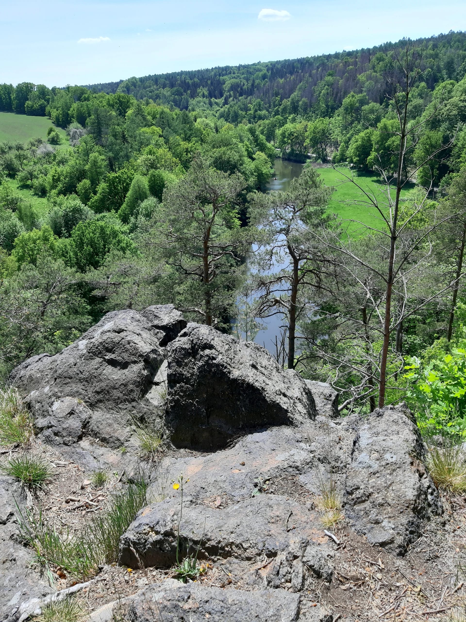Blick von einem Felsen über das bewaldete Neißetal mit Fluss und Wiesen