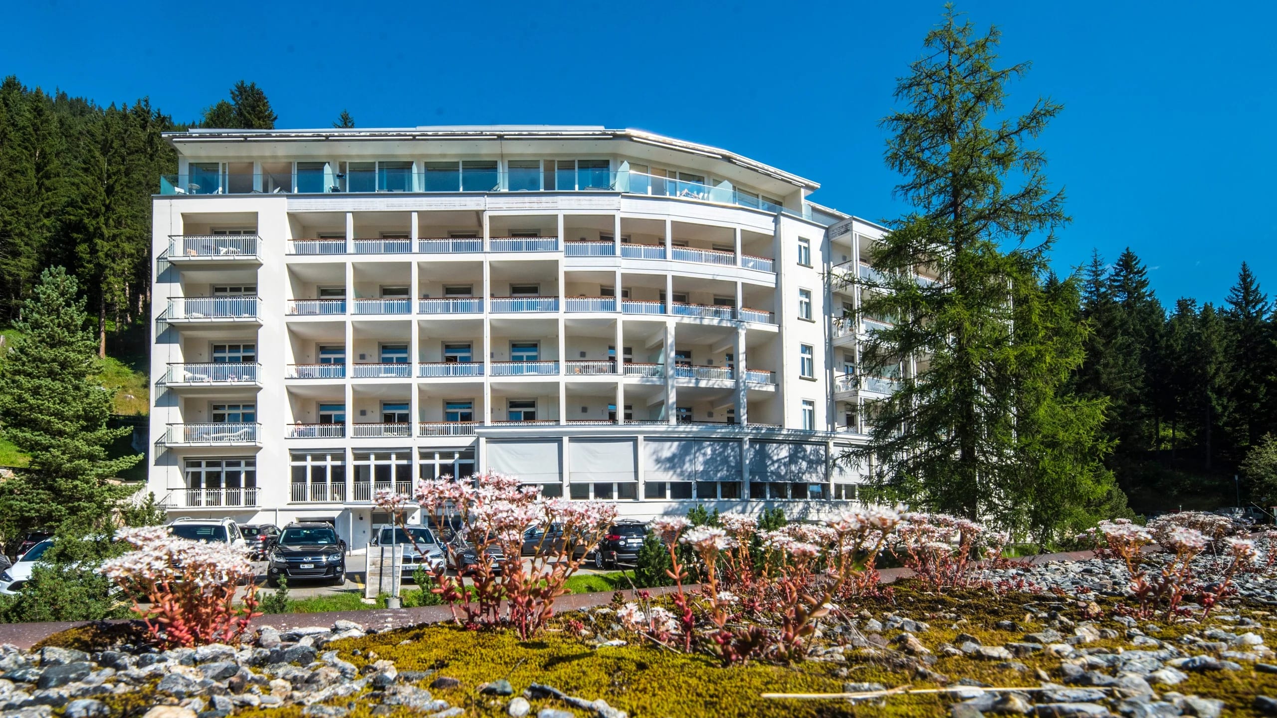 Weiße Hotelfassade mit umlaufenden Balkonen am bewaldeten Hang, davor blühende Sträucher bei blauem Himmel