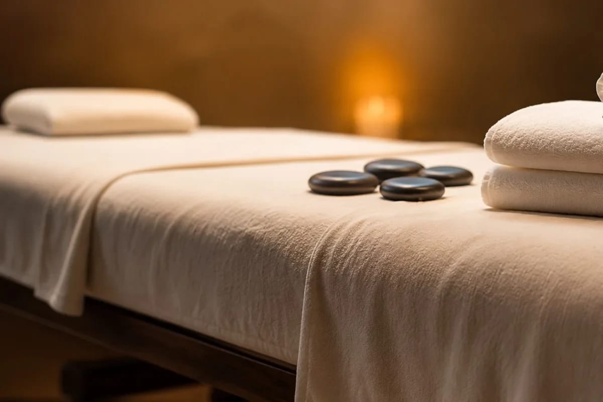 Massageliege mit gefalteten weißen Handtüchern und Hot Stones im warmen Licht