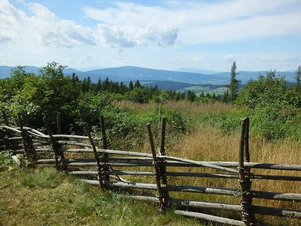 Blick über Wiesen und bewaldete Hügel mit rustikalem Holzzaun im Vordergrund