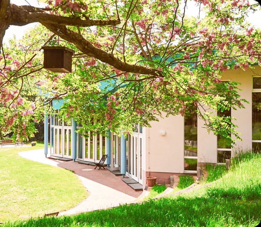 Außenansicht des Seminarhauses mit verglastem Eingang, Rasenfläche und blühendem Baum